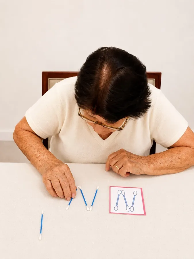 Senhora montando com cotonetes sobre a mesa o mesmo desenho mostrado em um cartão.