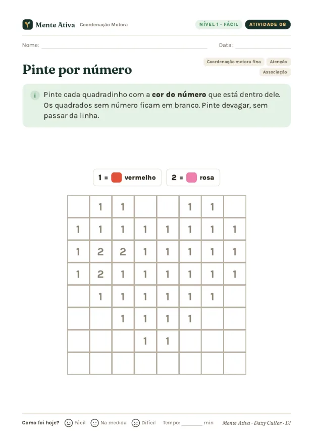 Página real: atividade Pinte por número, com grade numerada que forma um coração.
