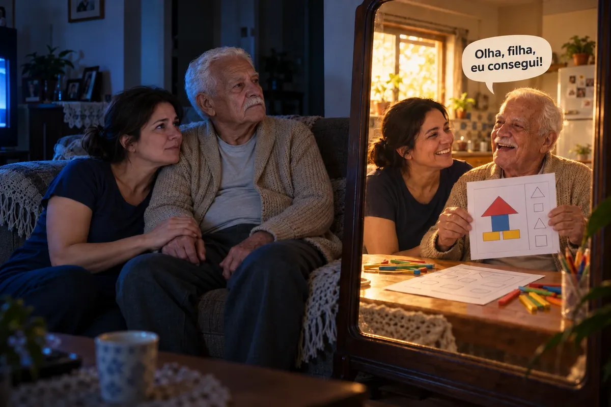 Pai e filha no sofá à noite, abatidos diante da TV; no reflexo do espelho, os dois à mesa sorrindo, ele segurando a atividade pronta e dizendo: Olha, filha, eu consegui!